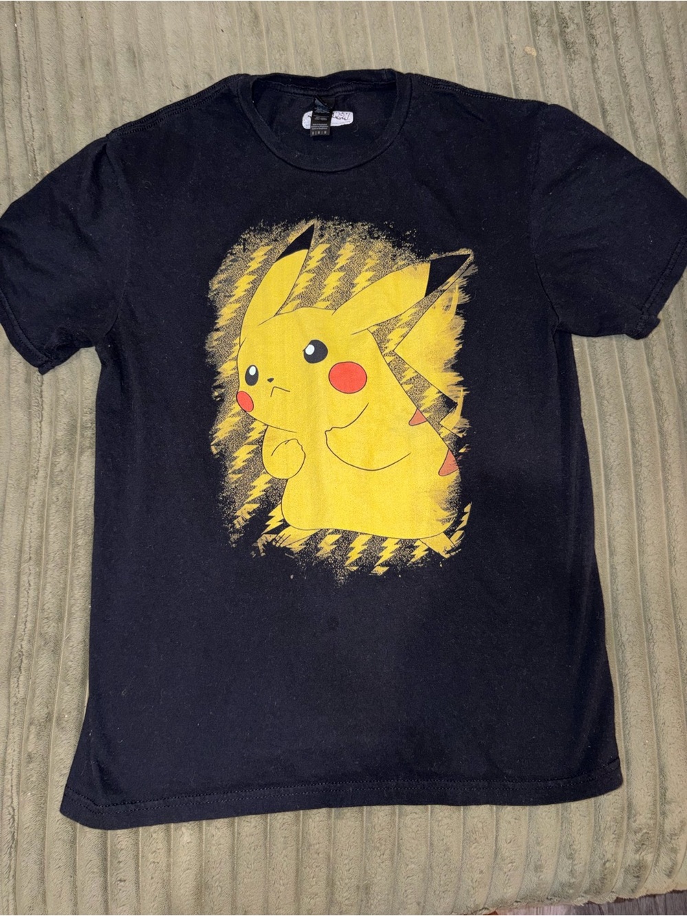 Gildan Black Tee with Yellow Pikachu Graphic and Red Accents